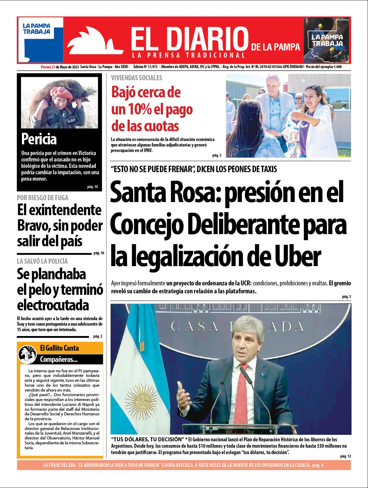 Tapa de El Diario en papel  viernes 23 de mayo de 2025
